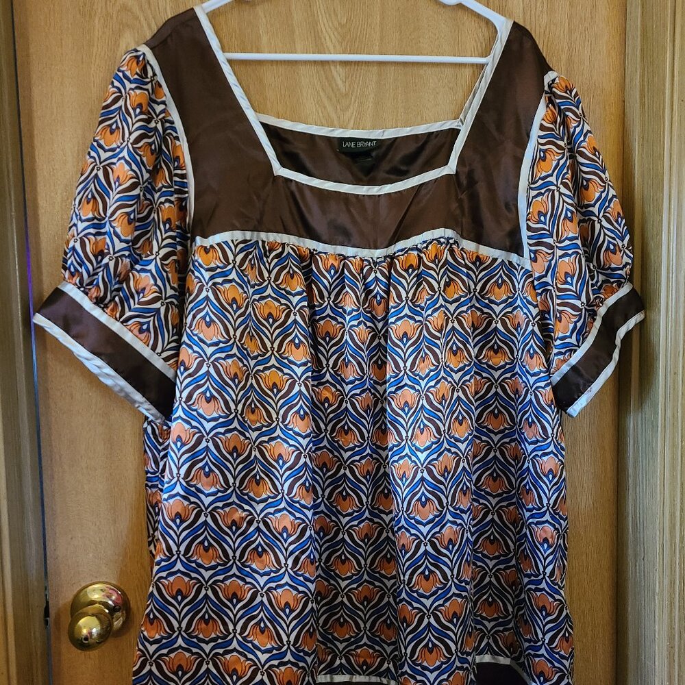 Lane Bryant Boho Brown Cream Blue Short Sleeve Square Neck Blouse Size 26/28